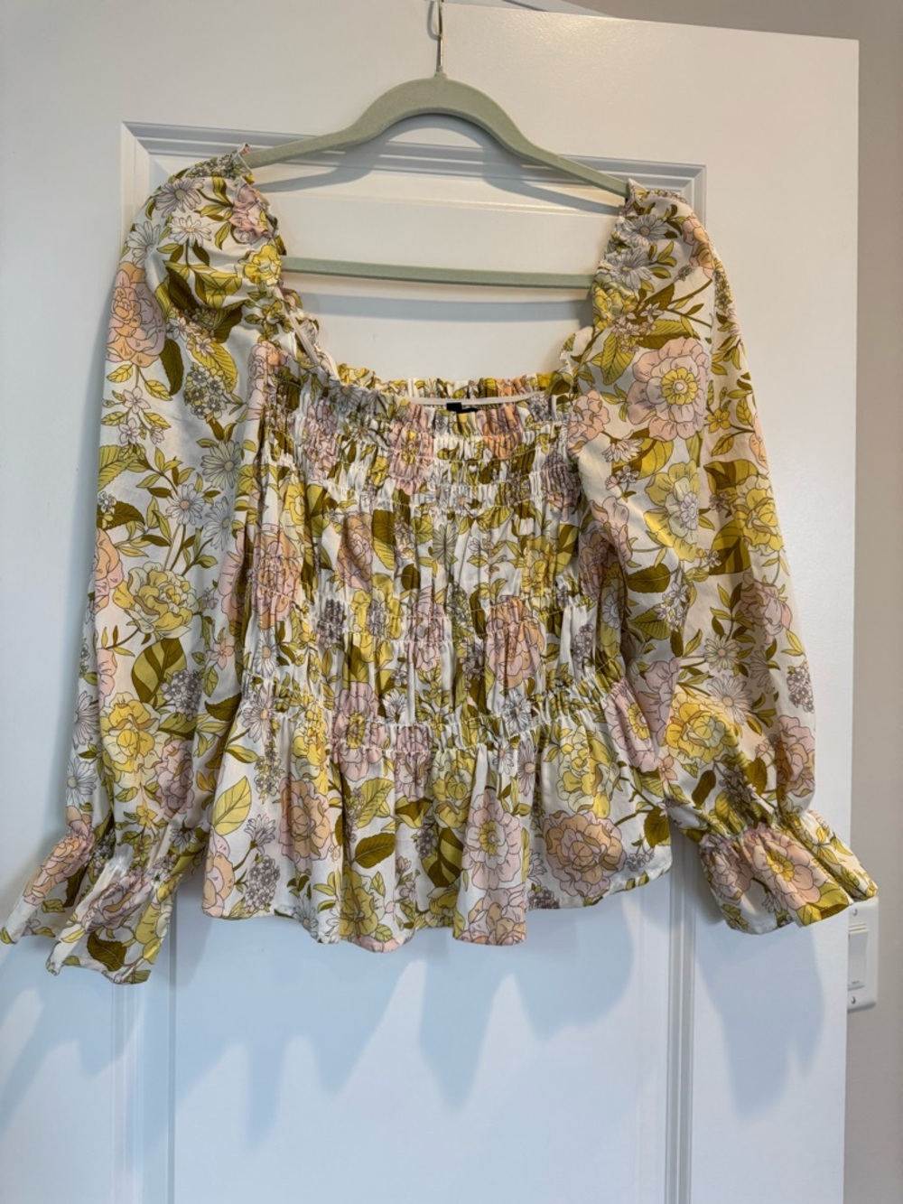 Who What Wear Floral Smocked Peasant Top in Yellow, Pink and Green